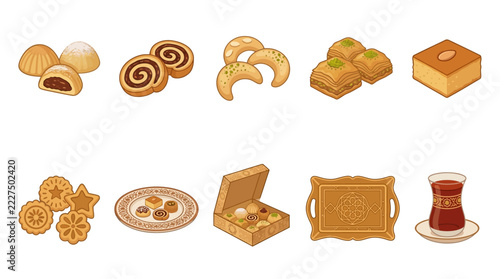 A collection of traditional Middle Eastern pastries including sweet baklava and honey cookies served with hot tea on an ornate platter for guests celebrating the joyful holy month of Ramadan