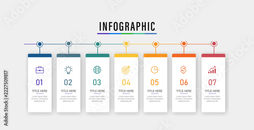 Minimalist 7 steps horizontal timeline infographic vector design with colorful 3D hanging card nodes