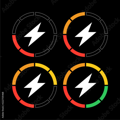 Battery bar icon. Set of circular battery charging or charging indicator icons in isolated black background