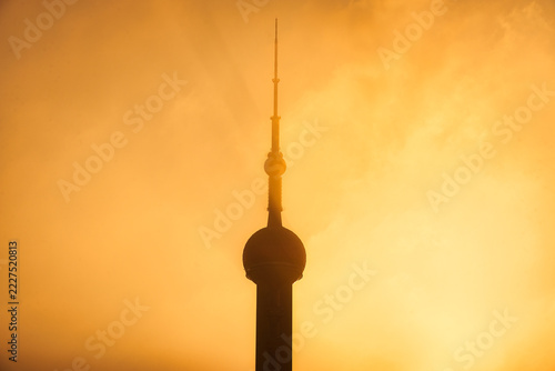 Photography Oriental Pearl Tower Silhouette Against Golden Sky in Shanghai China