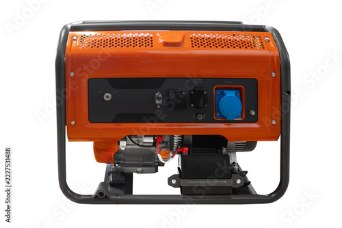 Portable electric AC generator isolated on white background. Diesel or petrol generator for home and industrial use. Gasoline powered engine. Backup energy.