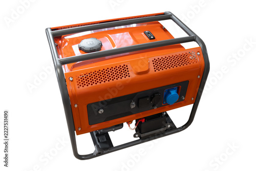 Portable electric AC generator isolated on white background. Diesel or petrol generator for home and industrial use. Gasoline powered engine. Backup energy.