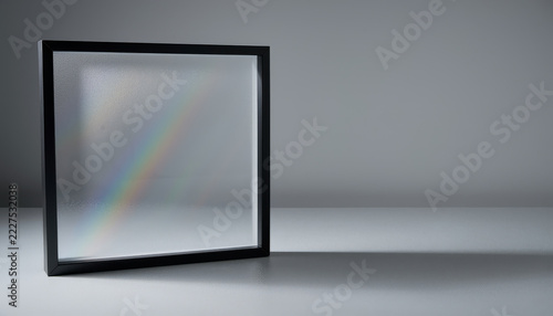 Quartz photomask plate held in a dark frame under clean room light, bare glass face used in semiconductor lithography