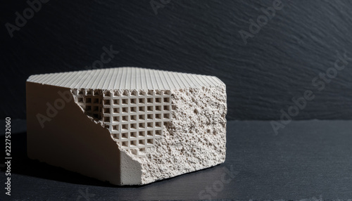 Honeycomb sorbent monolith used in direct air capture, pale ceramic block with dense square channels for carbon dioxide removal