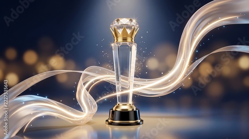 Elegant glass crystal trophy with golden crown topper surrounded by flowing light ribbons and bokeh background representing professional excellence and leadership achievement in business