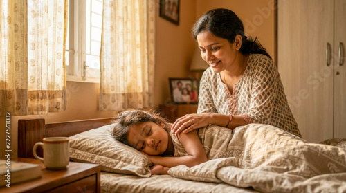 Indian family morning routine featuring a mother caring for her sleeping child, expressing maternal love, family bonding, comfort, and a peaceful start to the day.