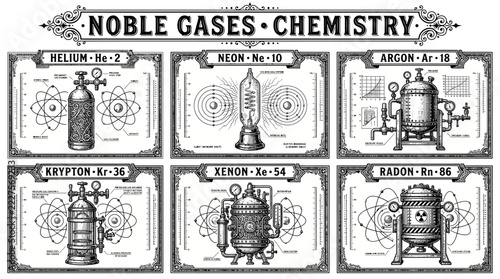 Fotografie Very beautiful black and white vector set featuring helium, neon, argon, krypton