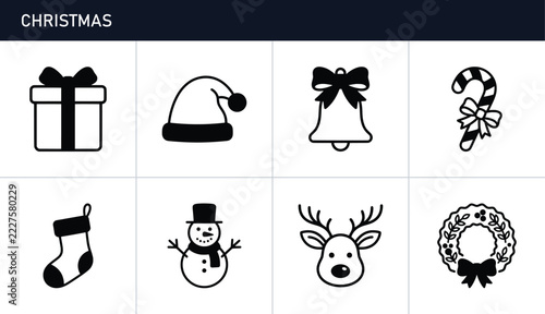 Christmas icons set with gift, Santa hat, bell, candy cane, stocking, snowman, reindeer and wreath for holiday design