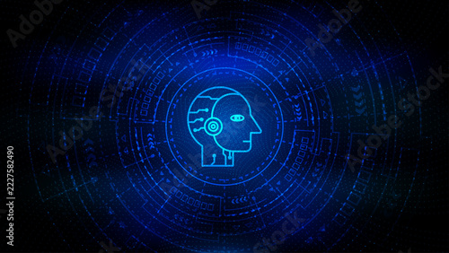 Artificial intelligence AI robot head technology futuristic abstract background with digital HUD interface and cyber security network connection