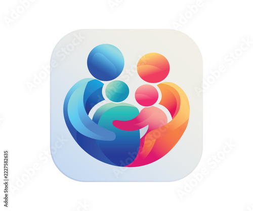 Colorful Family Care Logo Icon with Abstract People Embracing, Community Support and Social Connection