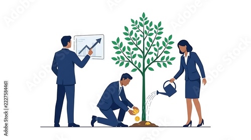 Business team nurturing a young tree representing growth and investment