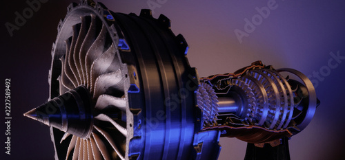 3D model Jet engine turbine exposed displaying components in studio
