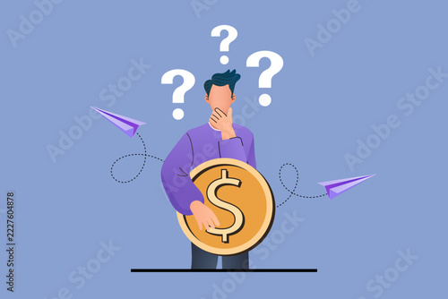 Worried employee questioning economic future while safeguarding capital asset. Creative business graphic symbolizing personal finance query, fiscal consulting need, budget dilemma, 
