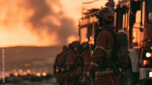 Firefighters in modern protective uniforms at industrial site at sunset