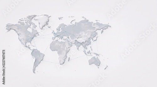 Minimalist 3D world map design featuring global network connections on a bright white background