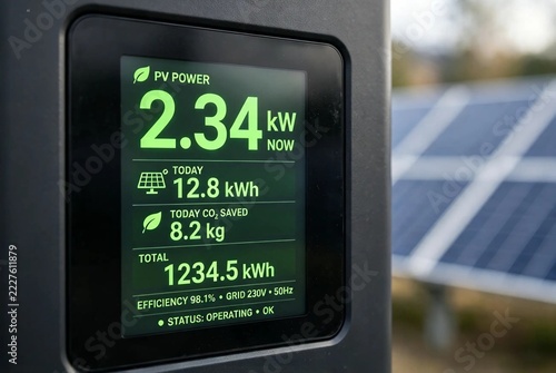 Solar inverter display showing PV power production kilowatt data