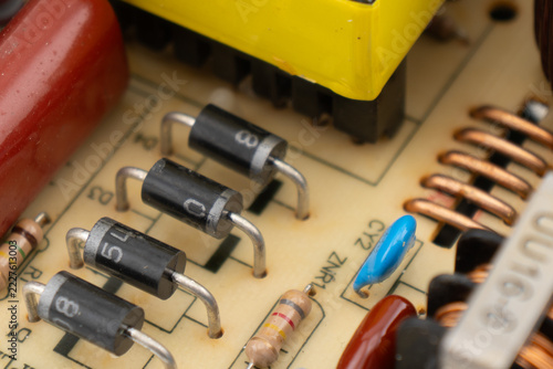 Circuit board with resistors microchips and electronic components background. Computer hardware technology.