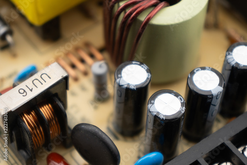 Circuit board with resistors microchips and electronic components background. Computer hardware technology.