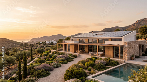 Sustainable Mediterranean house with solar panels and pool at golden sunset