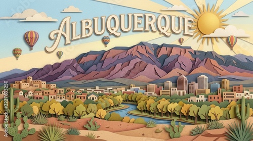 Fresh and Bright Landscape View of Albuquerque in Textured Paper art illustration