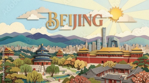 Fresh and Bright Landscape View of Beijing City in Textured Paper art illustration