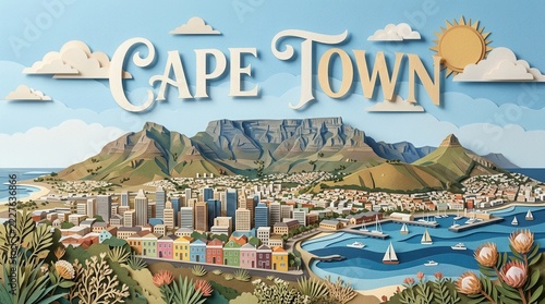 Fresh and Bright Landscape View of Cape Town in Textured Paper art illustration