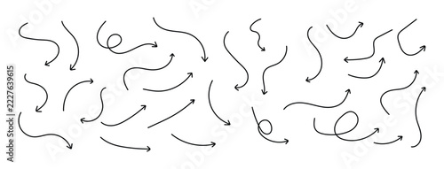 Obraz na plátně Hand drawn curved line arrows set, wavy doodle directional arrow collection for