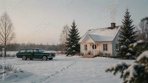 Snowy cottage with smoking chimney and vintage green wagon in winter landscape, created with generative ai.