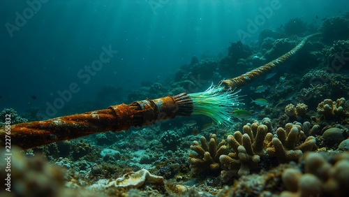 Rusted underwater telecommunication cable with exposed glowing fibers on ocean seabed, created with generative ai.