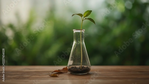 Centered view of young green plant growing out of glass laboratory flask on rustic wooden table, created with generative ai.