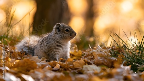 A small furry animal sits alert among golden autumn leaves under warm sunlight in a forest setting