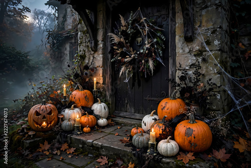 Carved Halloween Pumpkin Sitting on a Rustic Wooden Fence in an Autumn Park During Harvest Season