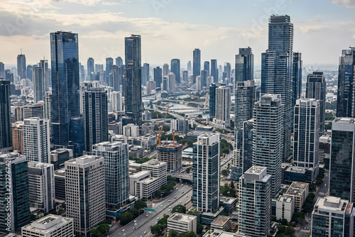Aerial view of the New York City skyline and Manhattan skyscrapers under a clear sky