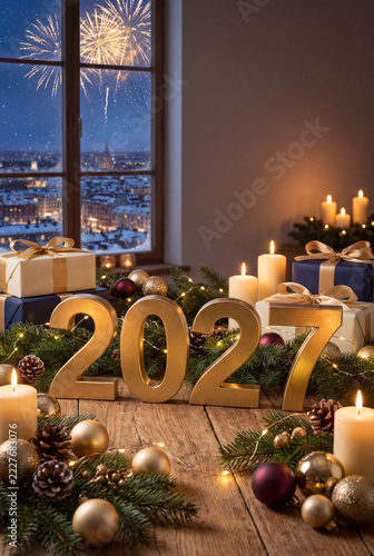 New Year's Eve celebration with decorations, gifts, and fireworks in the background