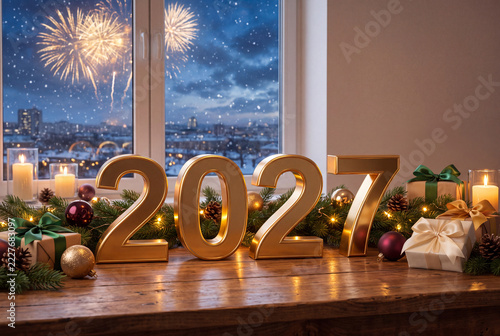 New year celebration with golden numbers and fireworks in the background