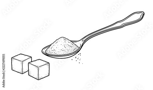 Teaspoon with Sugar Cubes and Powder Pile Vector Illustration