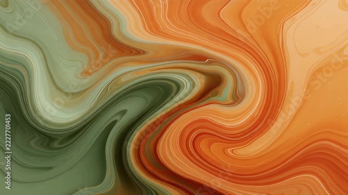 Orange and green streaks flow smoothly across the frame. Liquid textures swirl and merge in elegant curves.