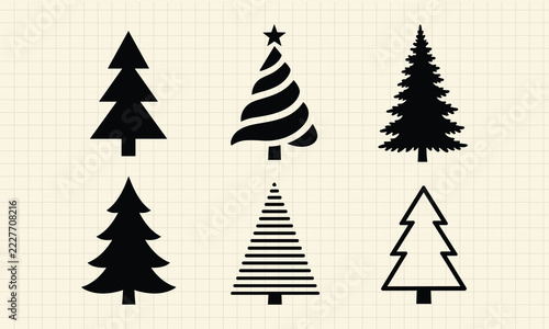 Christmas tree icon set, black silhouettes of pine and fir trees on grid background for holiday design
