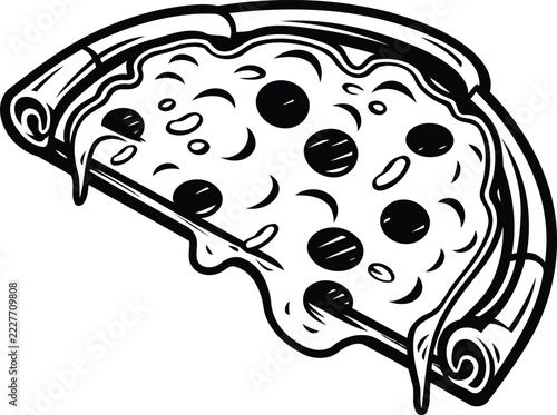 Black and white slice of pizza with olives and cheese vector illustration on a white background