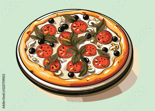 Delicious pizza with tomatoes and olives illustration in a digital vector style