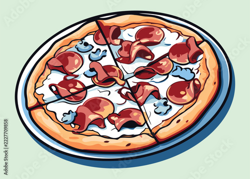 Sliced pepperoni pizza with mushrooms and cheese a colorful vector illustration