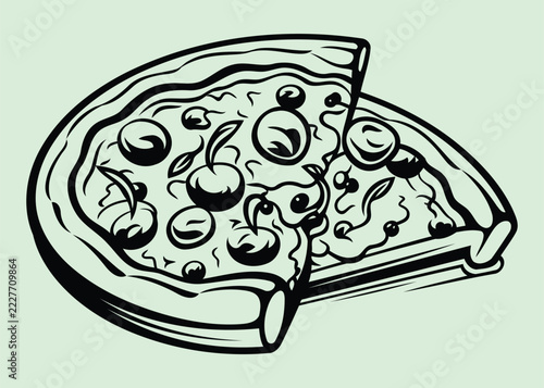 Pizza Slice with Olives and Herbs Line Art Illustration on Light Green Background