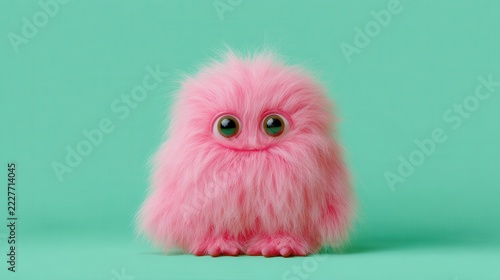 Fluffy pink horned monster standing on pastel green background with smiling mouth and fuzzy fur at 3
