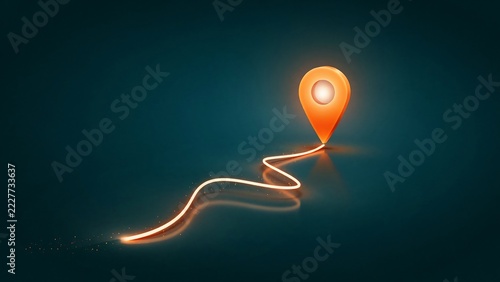 Glowing orange location pin marker on a curved path representing navigation, travel, and destination tracking on a dark teal background