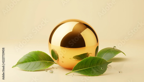 Golden Sphere with Green Leaves Symbolizing Nature and Growth