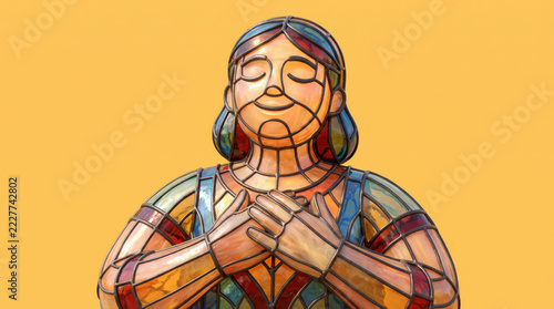 Stained glass figure with hands over heart.