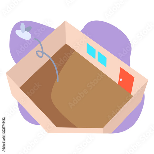 Empty Room with Open Cardboard Box and Zero Notification Badge Flat Color Vector Illustration