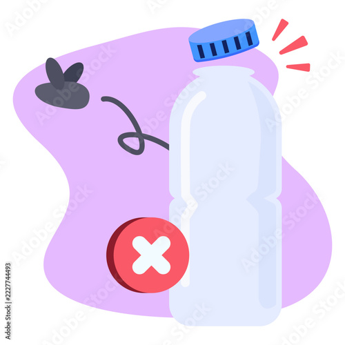 Empty Plastic Bottle with Blue Cap and Zero Notification Badge Flat Color Vector Illustration