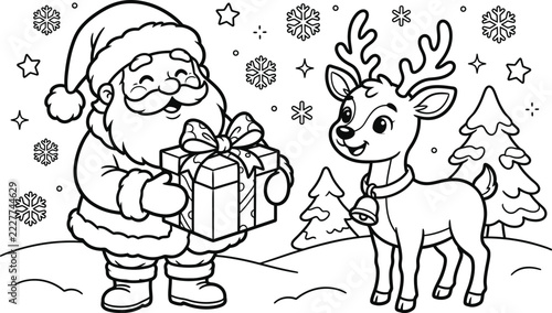 Santa claus holding gift box standing with cute reindeer in snowy winter forest landscape christmas coloring snowflake character celebration