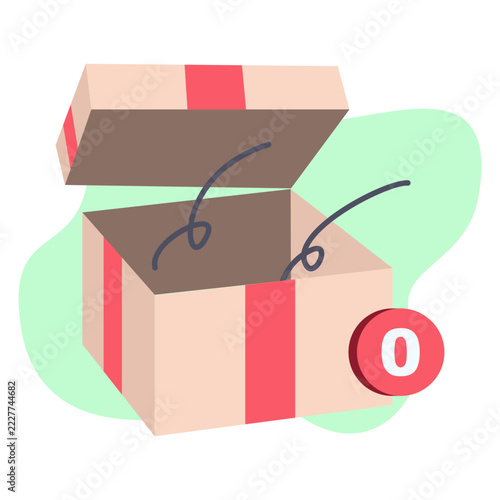 Empty Gift Box with Decorative Ribbon and Zero Notification Badge Flat Color Vector Illustration